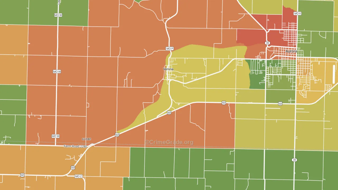 Verona, MO Map of Robbery Rates