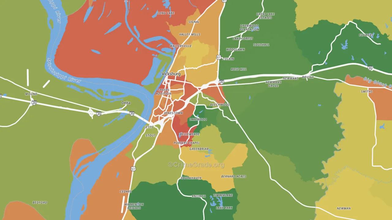 Vicksburg, MS Map of Robbery Rates