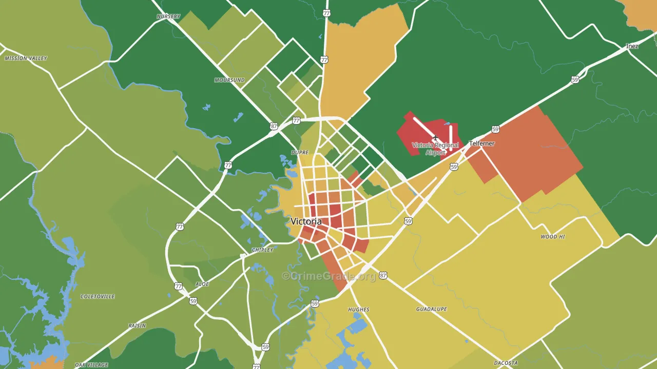 Victoria County, TX Map of Robbery Rates
