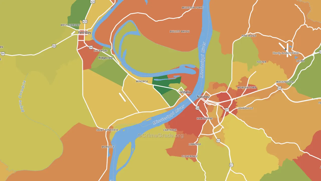 Vidalia, LA Map of Robbery Rates