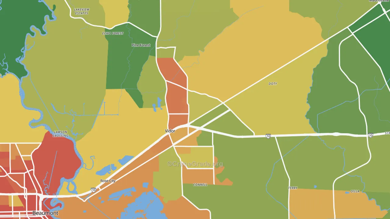 Vidor, TX Map of Robbery Rates
