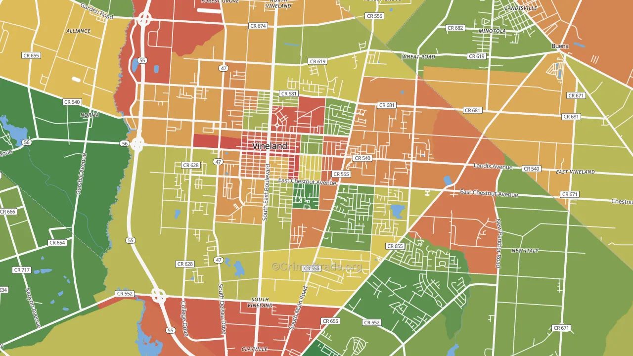 Vineland, NJ Map of Robbery Rates