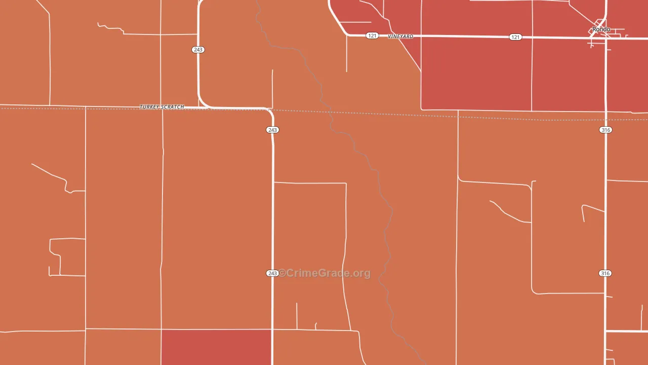Vineyard, AR Map of Robbery Rates