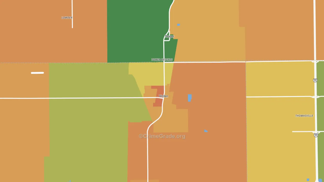 Virden, IL Map of Robbery Rates