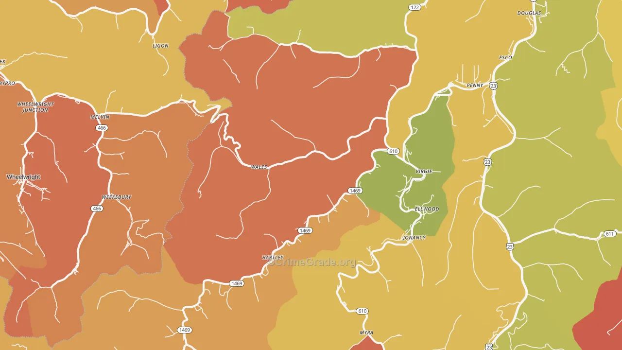 Virgie, KY Map of Robbery Rates