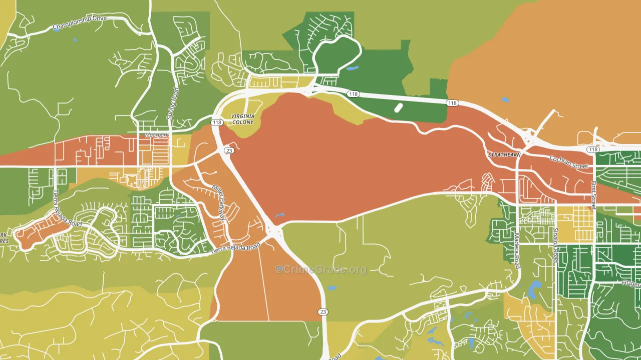 Virginia Colony, CA Map of Robbery Rates