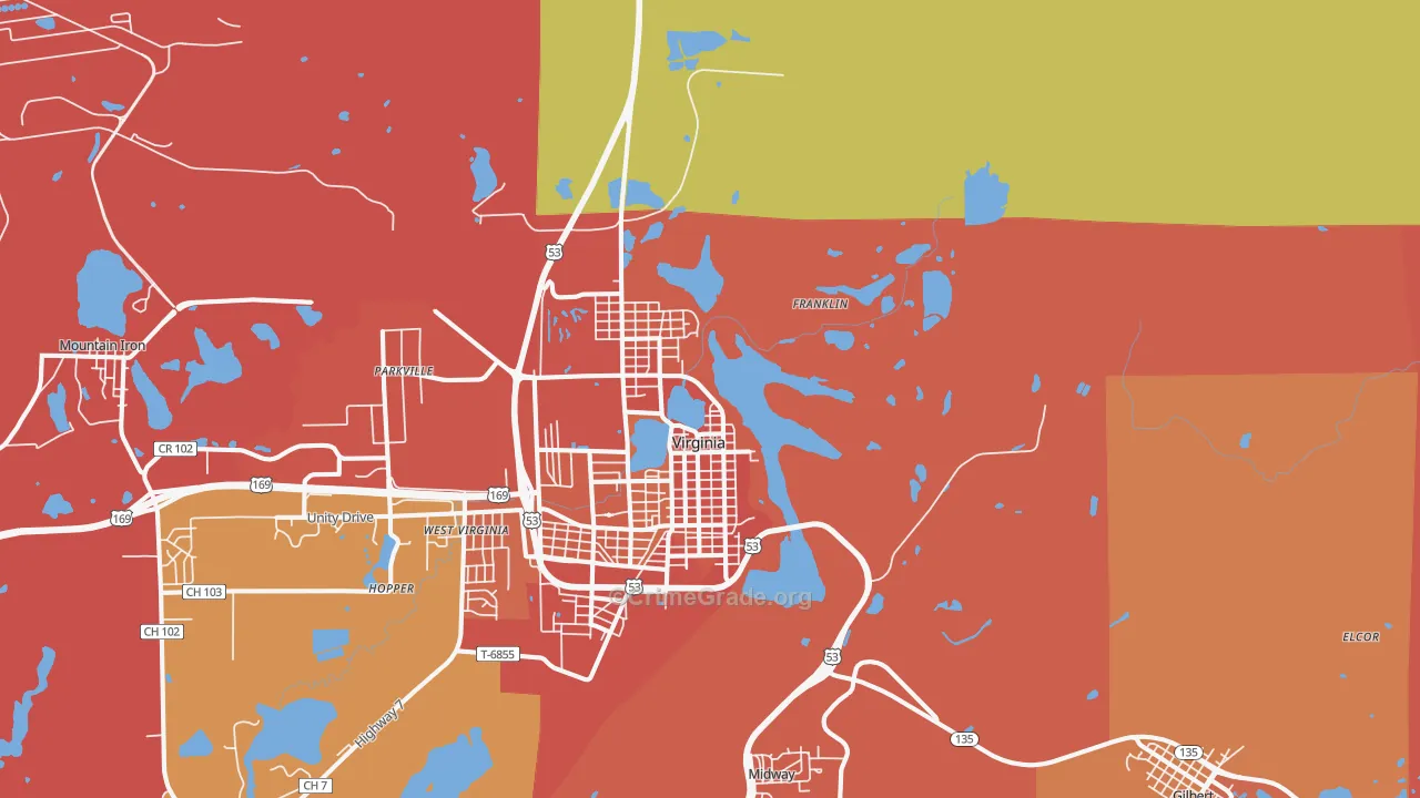 Virginia, MN Map of Robbery Rates