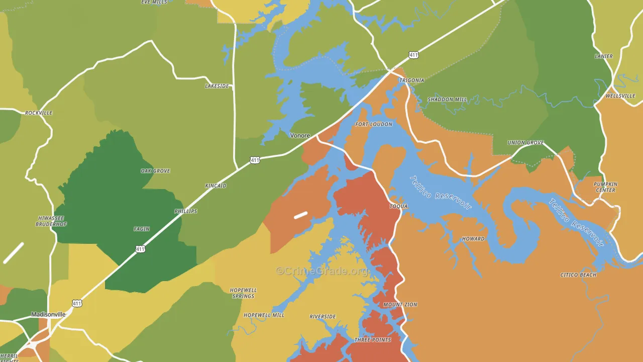 Vonore, TN Map of Robbery Rates
