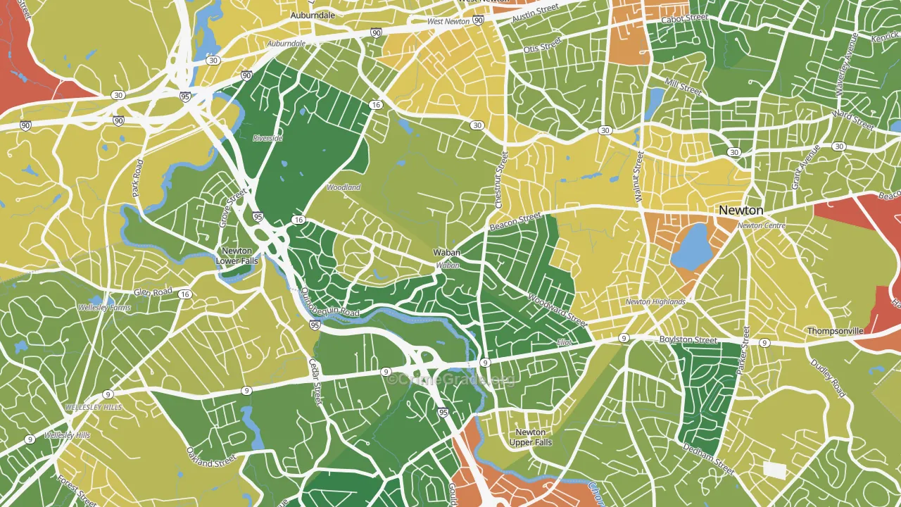 Waban, MA Map of Robbery Rates