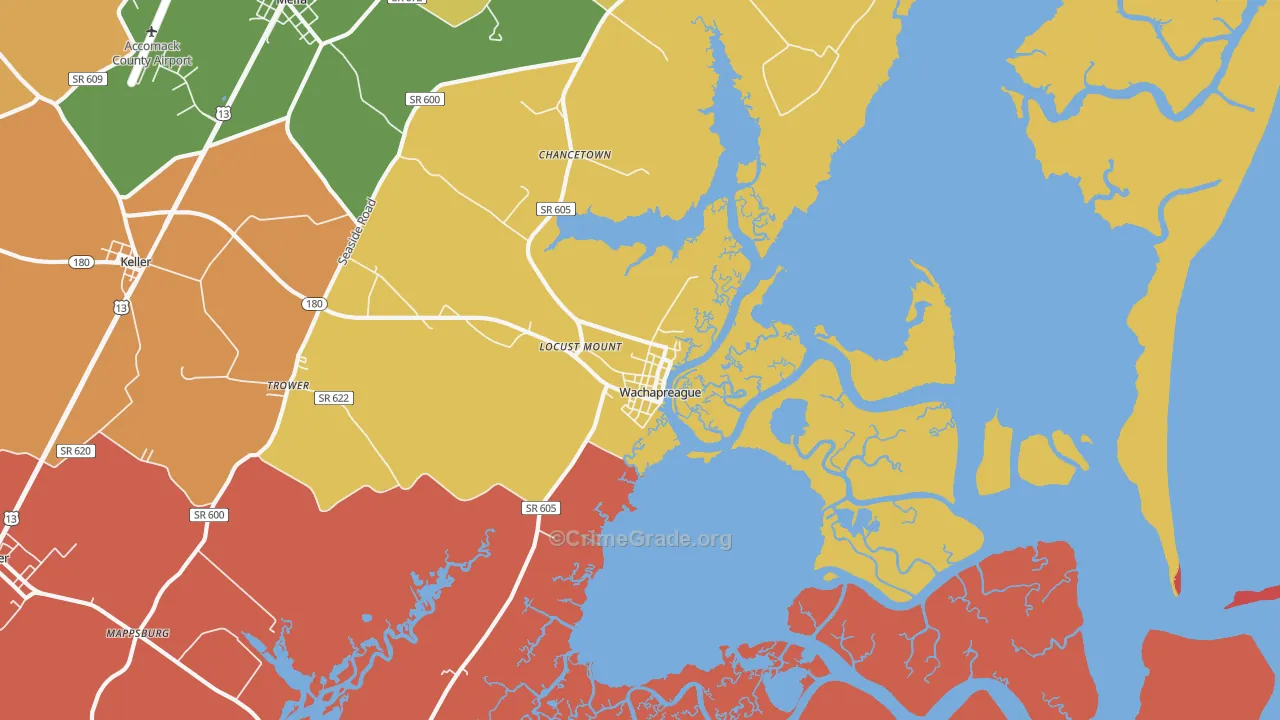 Wachapreague, VA Map of Robbery Rates