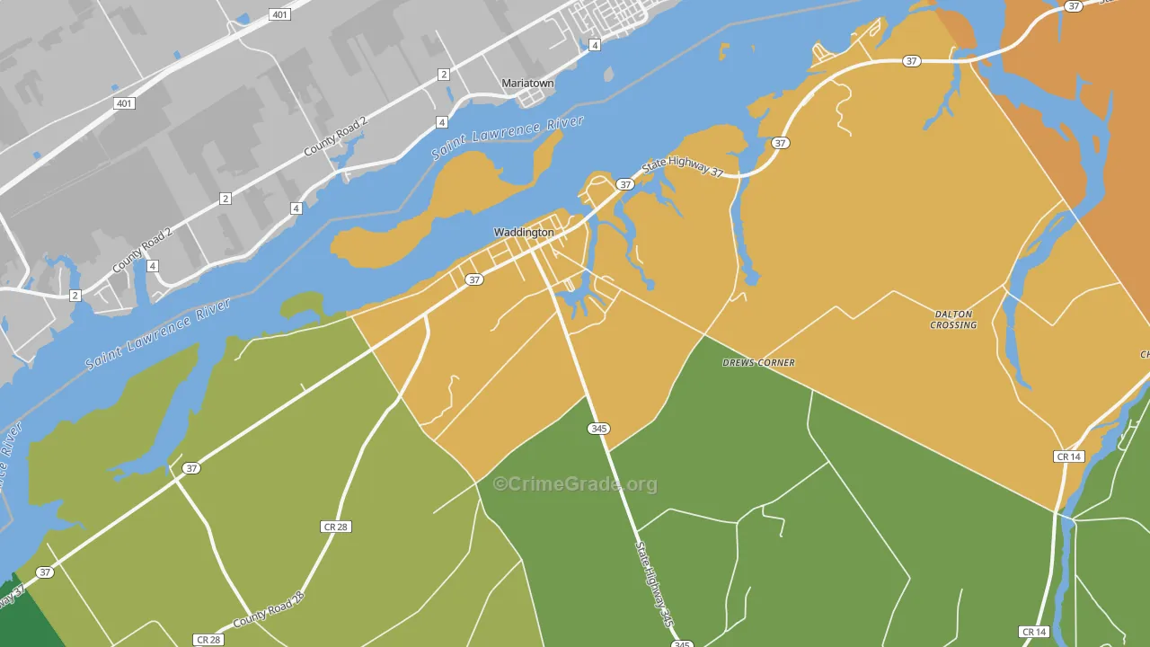 Waddington, NY Map of Robbery Rates