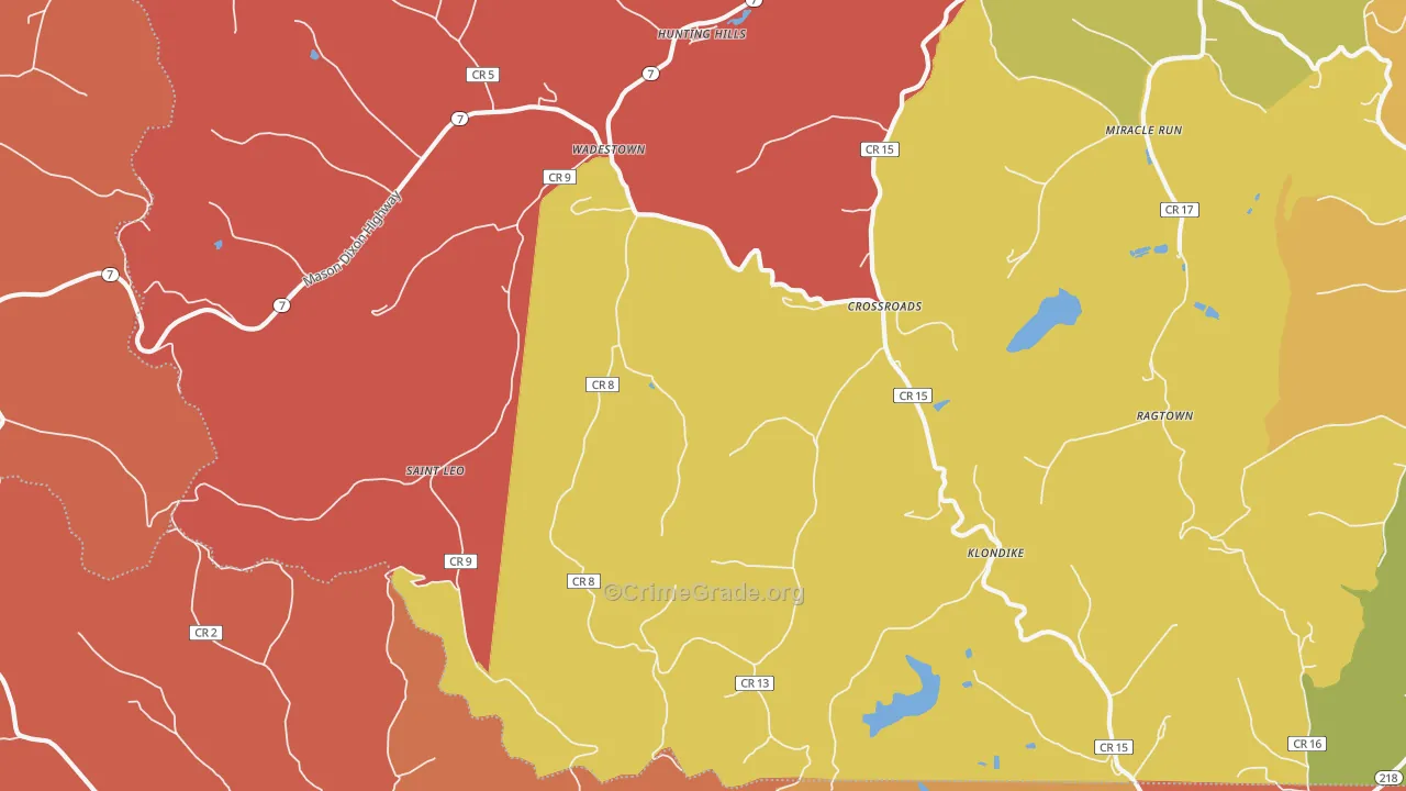 Wadestown, WV Map of Robbery Rates