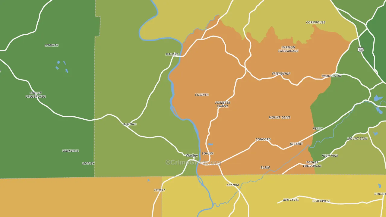 Wadley, AL Map of Robbery Rates