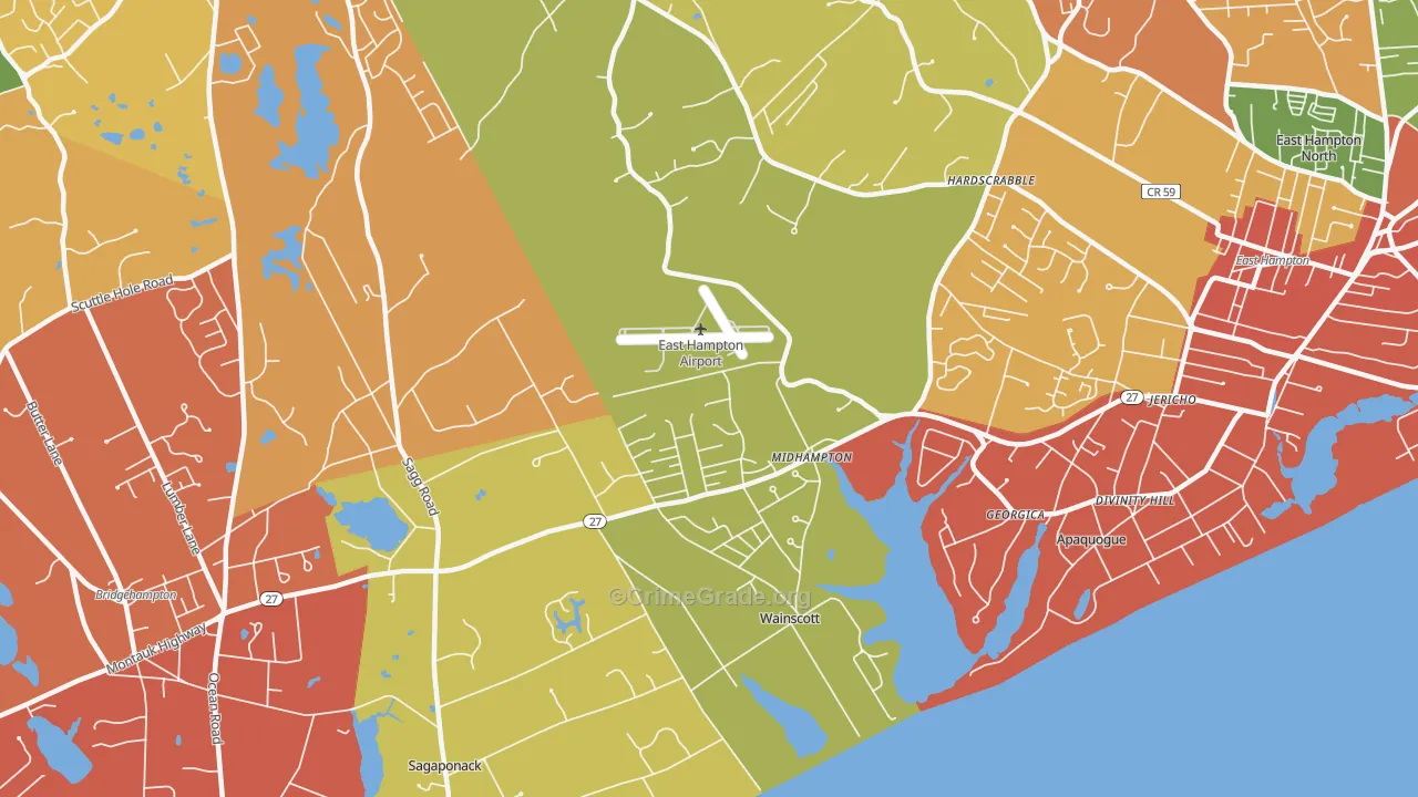 Wainscott, NY Map of Robbery Rates