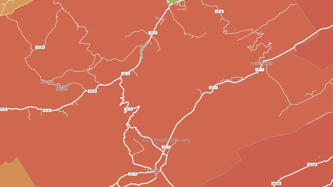 Waiteville, WV Map of Robbery Rates