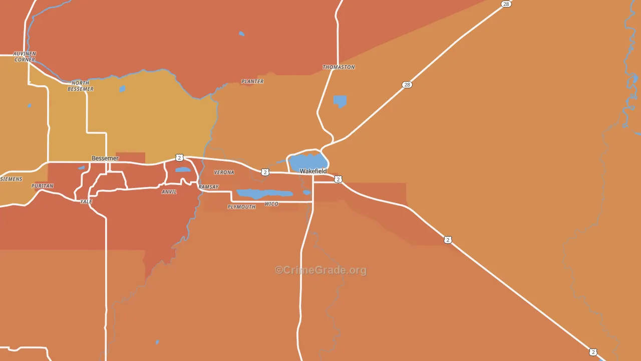 Wakefield, MI Map of Robbery Rates