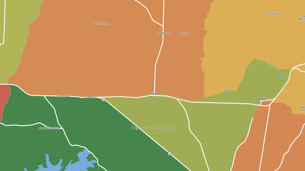 Waldo, AR Map of Robbery Rates