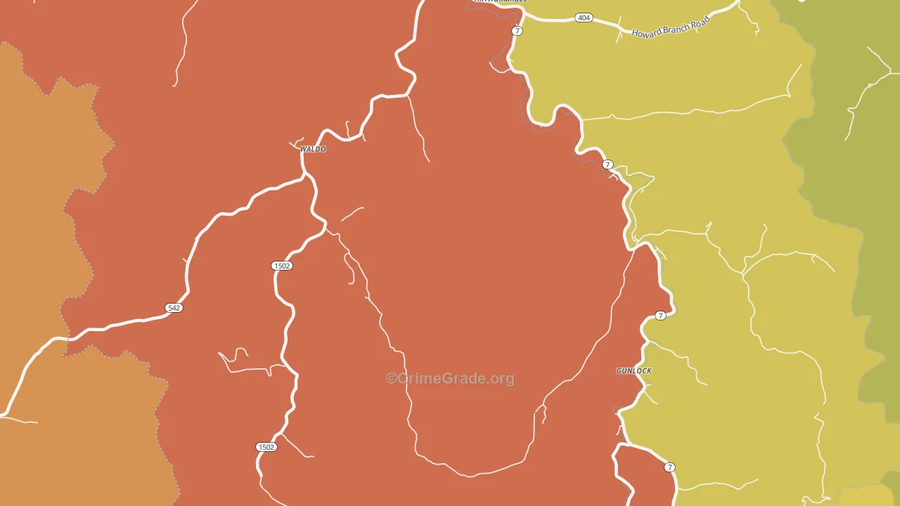 Waldo, KY Map of Robbery Rates