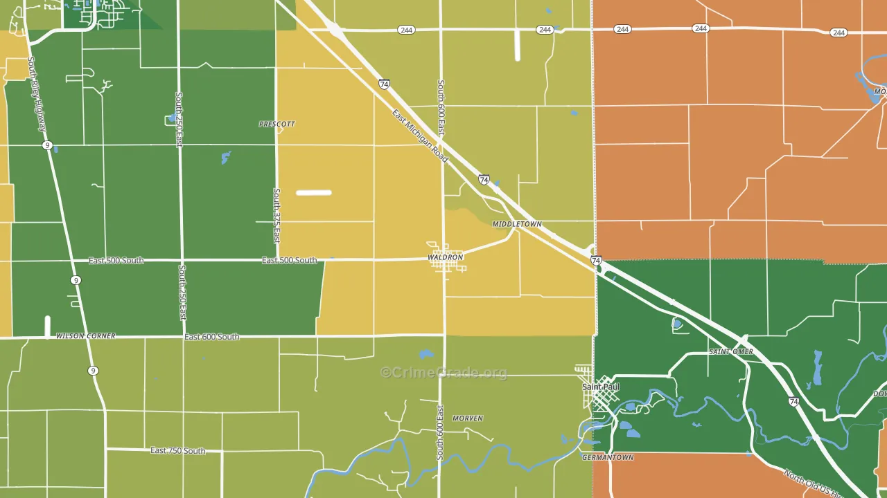 Waldron, IN Map of Robbery Rates