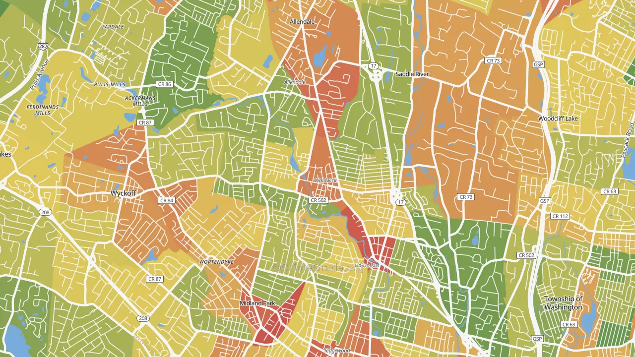 Waldwick, NJ Map of Robbery Rates
