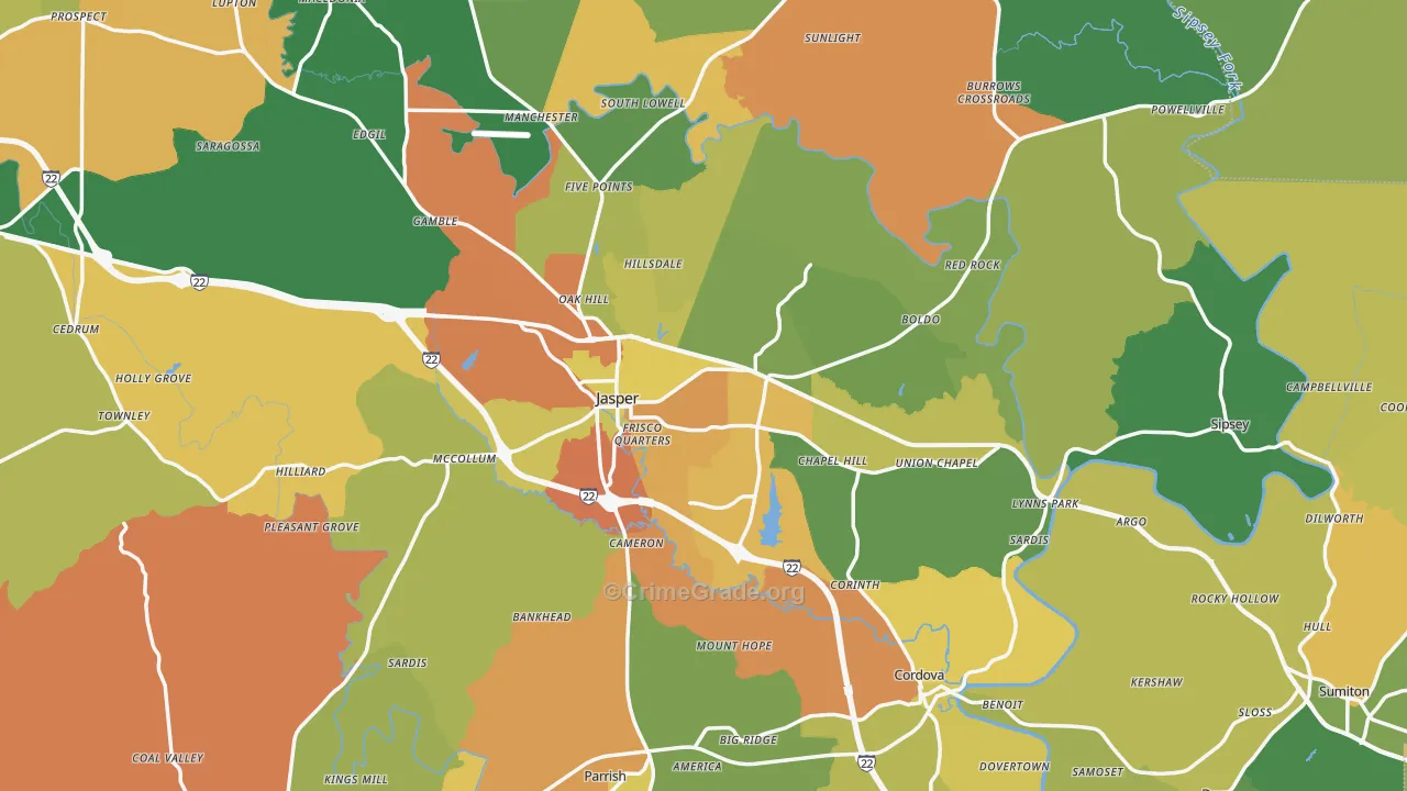 Walker County, AL Map of Robbery Rates