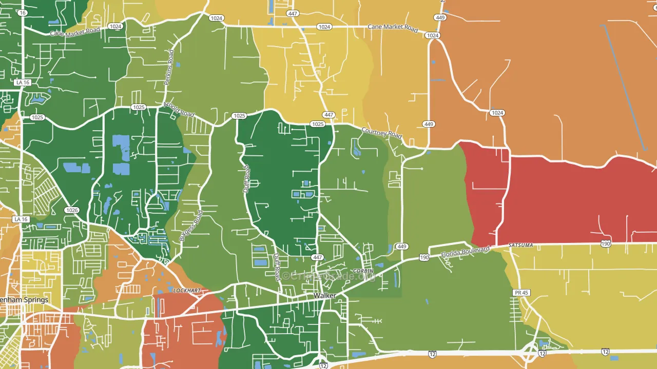Walker, LA Map of Robbery Rates