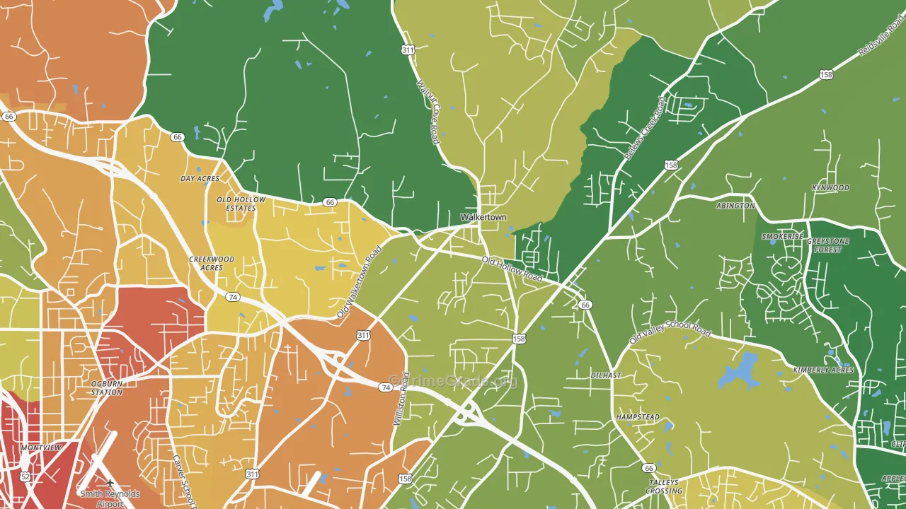 Walkertown, NC Map of Robbery Rates