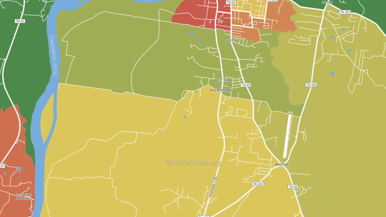 Walkertown, TN Map of Robbery Rates