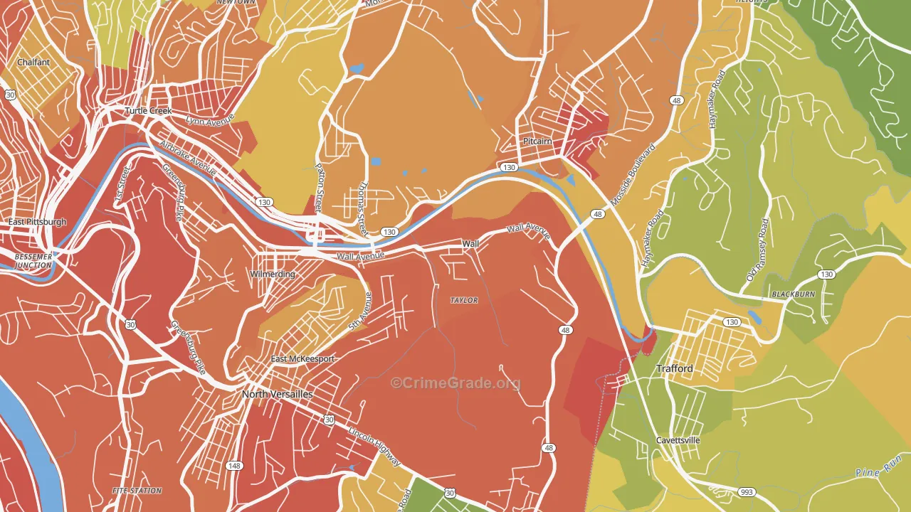 Wall, PA Map of Robbery Rates
