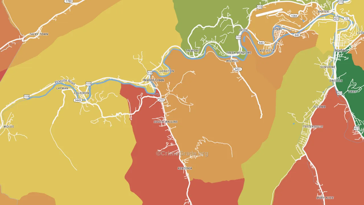 Wallins Creek, KY Map of Robbery Rates
