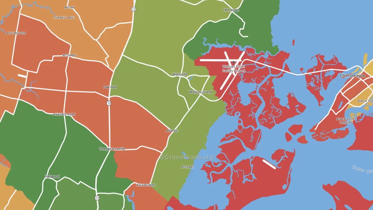 Wallops Island, VA Map of Robbery Rates