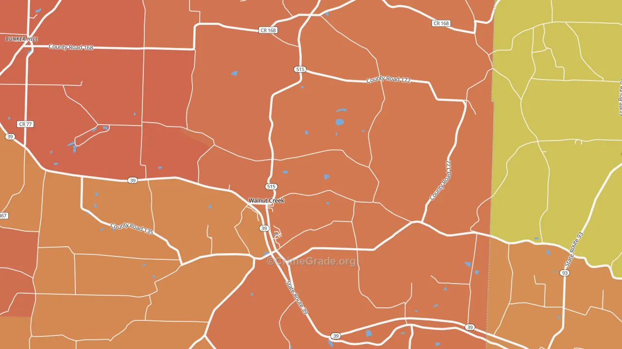 Walnut Creek, OH Map of Robbery Rates
