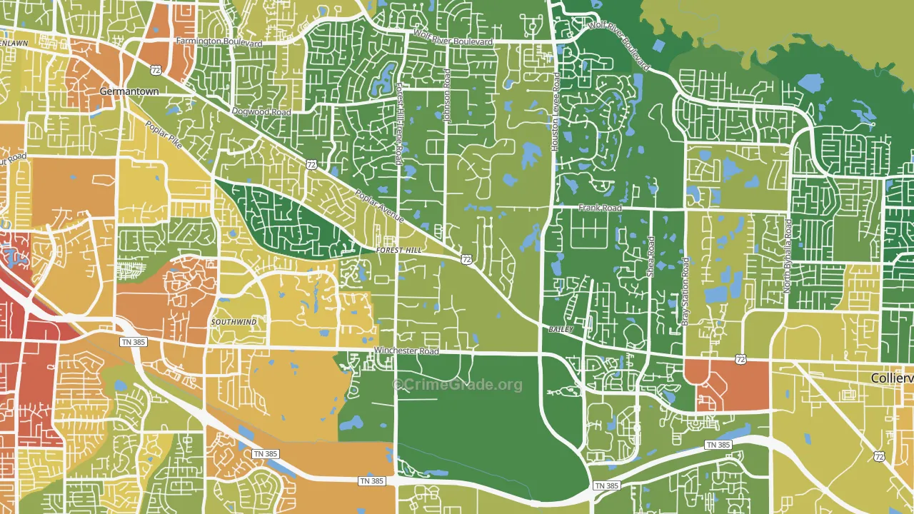 Walnut Grove - Shelby Farms PD, Germantown, TN Map of Robbery Rates