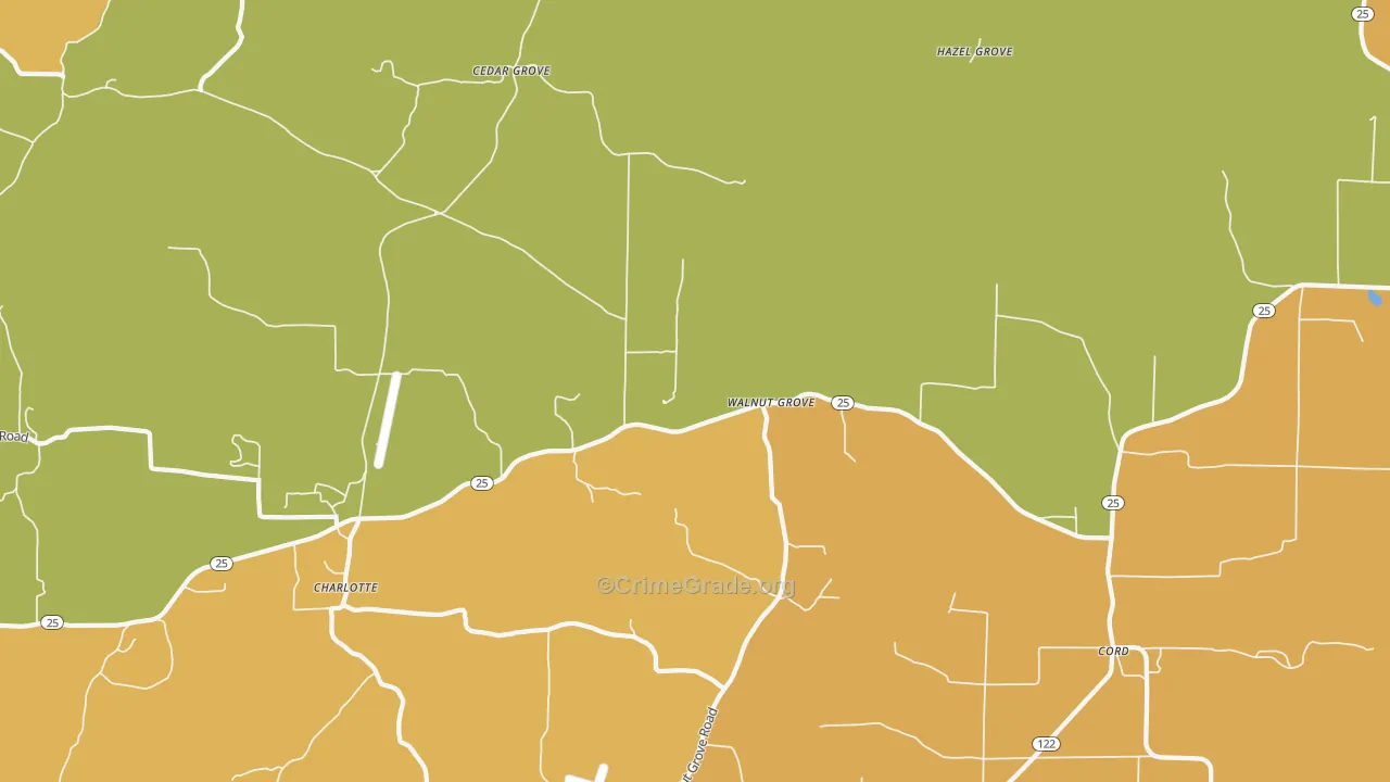 Walnut Grove, AR Map of Robbery Rates