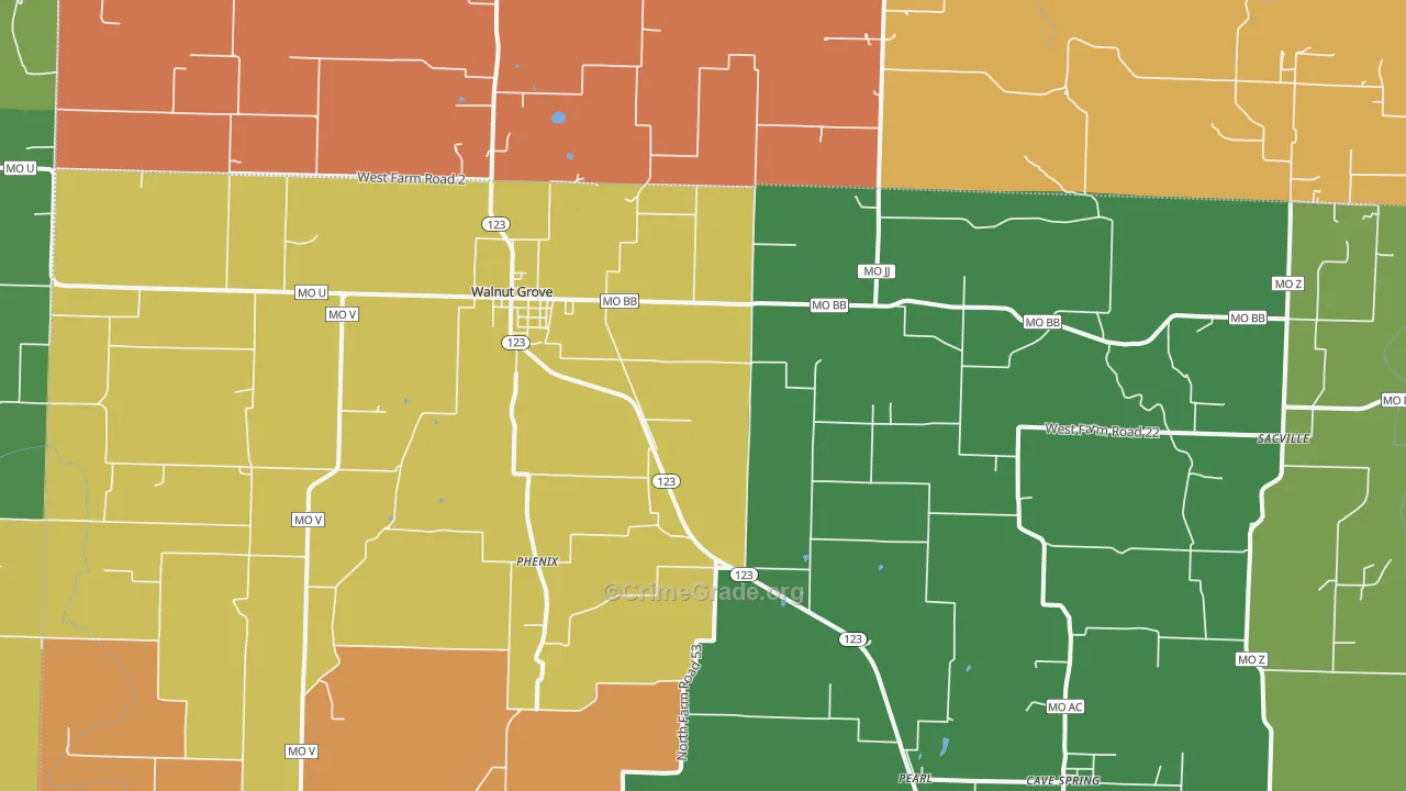 Walnut Grove, MO Map of Robbery Rates