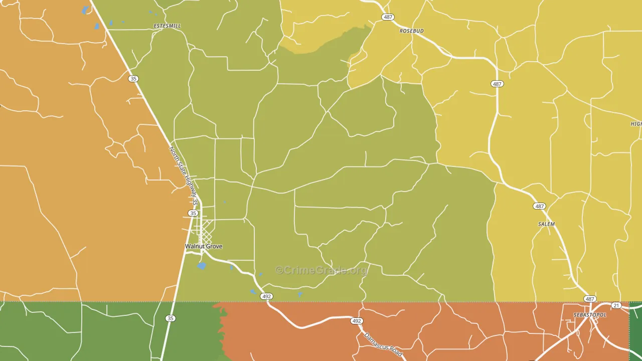 Walnut Grove, MS Map of Robbery Rates
