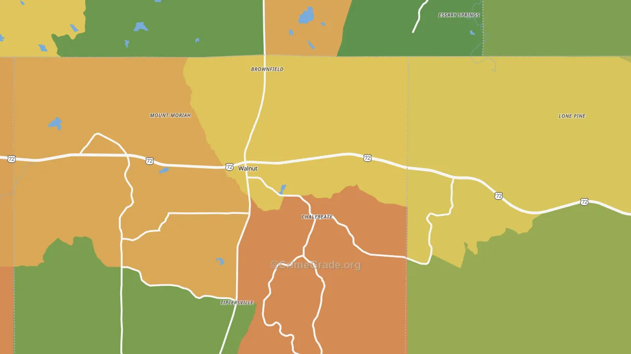 Walnut, MS Map of Robbery Rates