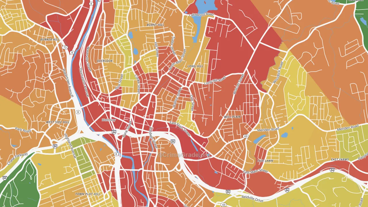 Walnut Orange Walsh, Waterbury, CT Map of Robbery Rates