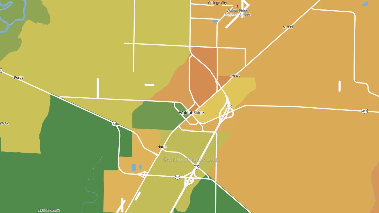 Walnut Ridge, AR Map of Robbery Rates