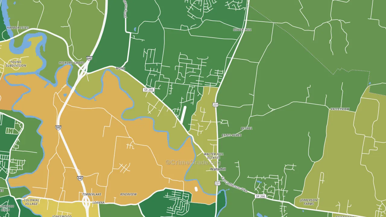Walterhill, TN Map of Robbery Rates