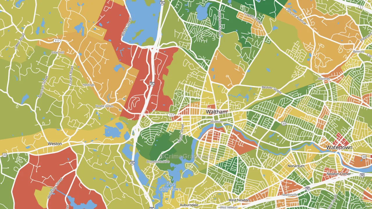 Waltham Highlands, Waltham, MA Map of Robbery Rates