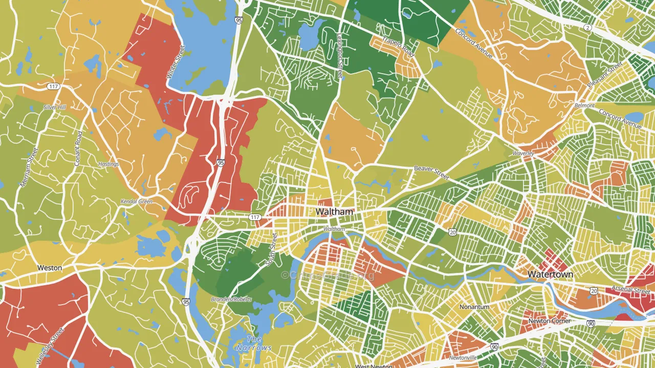 Waltham, MA Map of Robbery Rates
