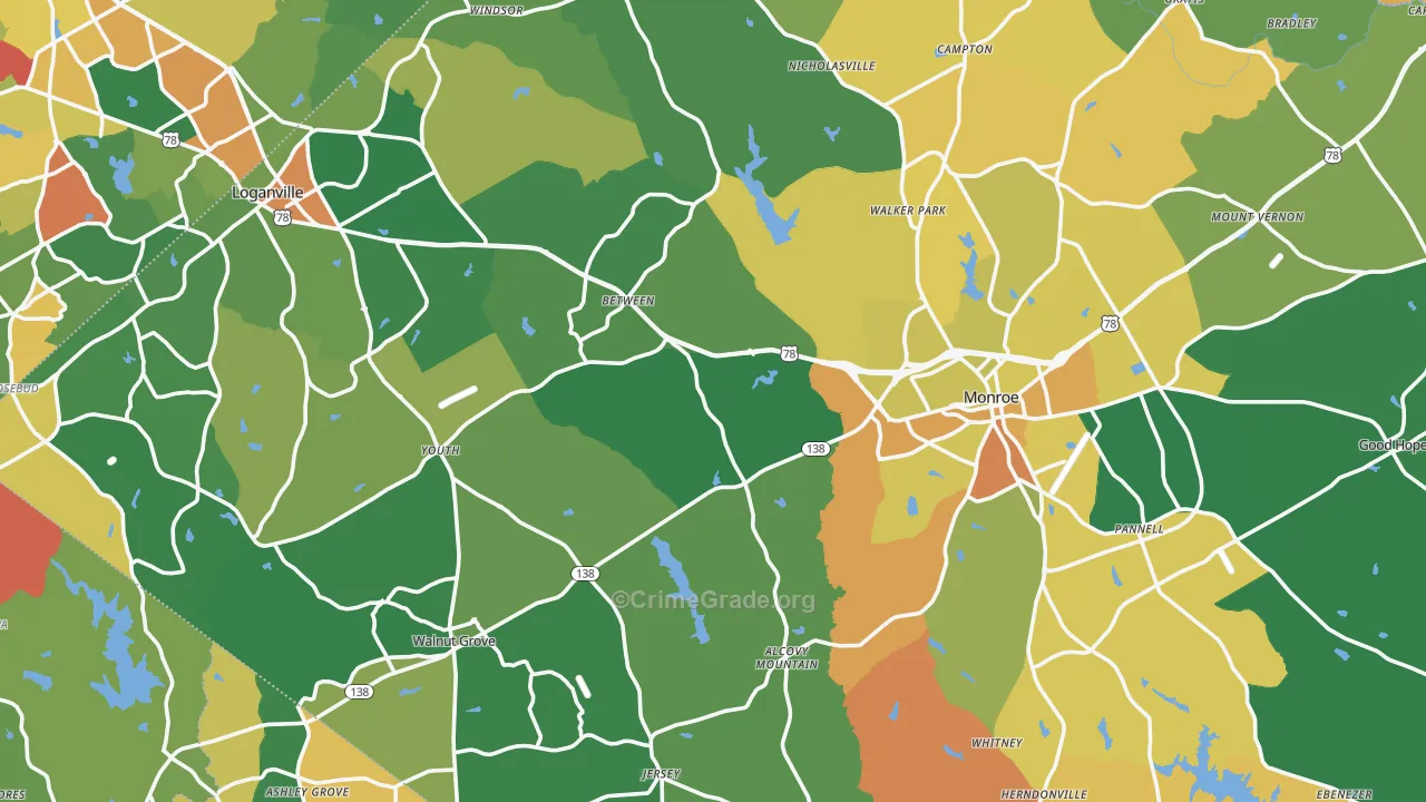 Walton County, GA Map of Robbery Rates