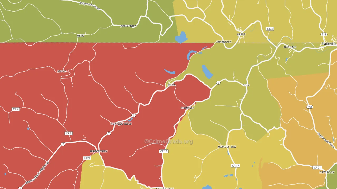 Wana, WV Map of Robbery Rates