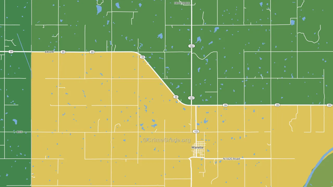 Wanette, OK Map of Robbery Rates