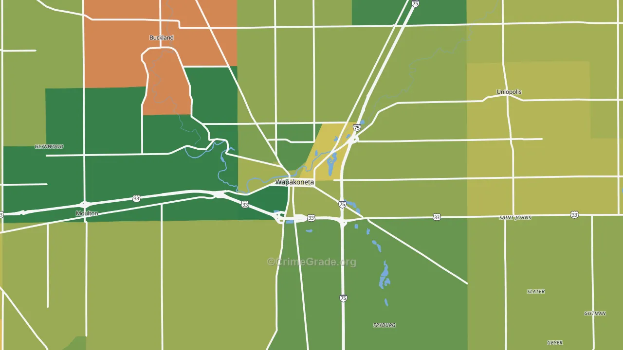 Wapakoneta, OH Map of Robbery Rates