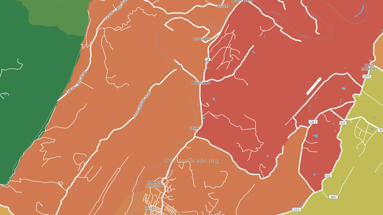 Wapocomo, WV Map of Robbery Rates