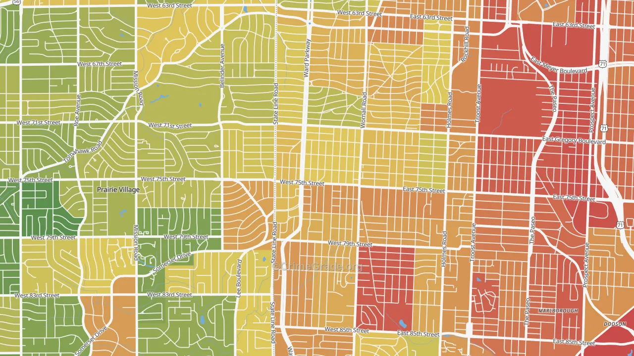 Ward Parkway, Kansas City, MO Map of Robbery Rates