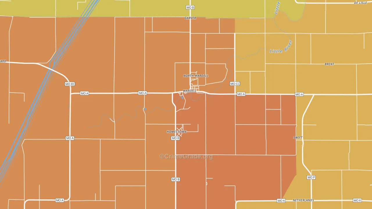 Wardell, MO Map of Robbery Rates