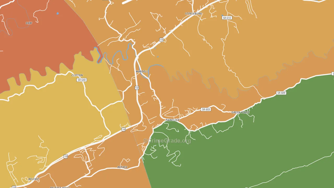 Wardell, VA Map of Robbery Rates